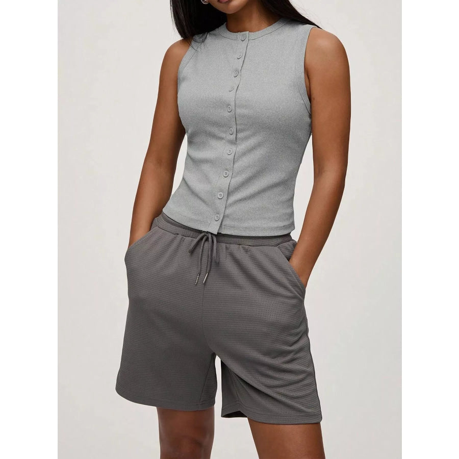 Ribbed Button-Front Sleeveless Tank Light Gray / S Apparel and Accessories