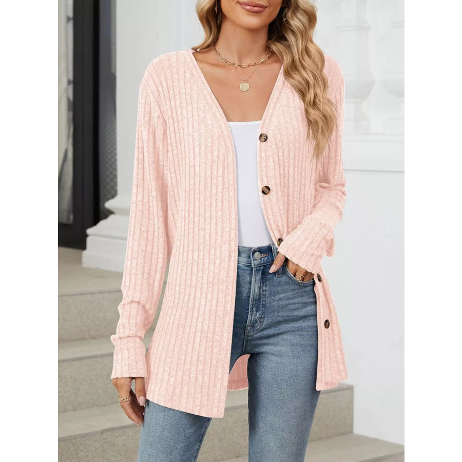 Ribbed Button-Up Cardigan Apricot / S Apparel and Accessories