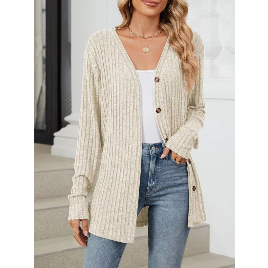 Ribbed Button-Up Cardigan Beige / S Apparel and Accessories