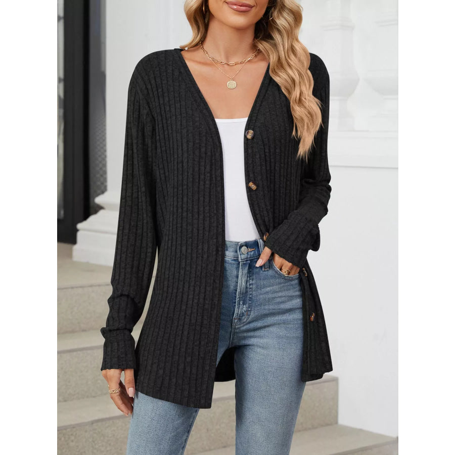 Ribbed Button-Up Cardigan Black / S Apparel and Accessories