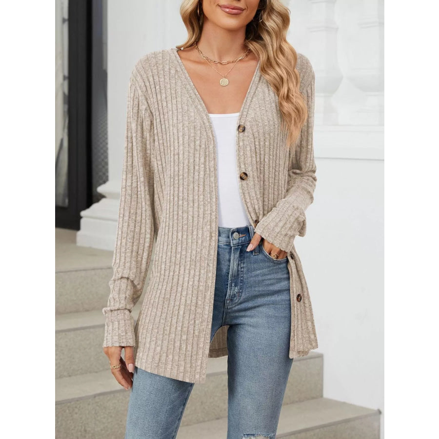 Ribbed Button-Up Cardigan Dust Storm / S Apparel and Accessories