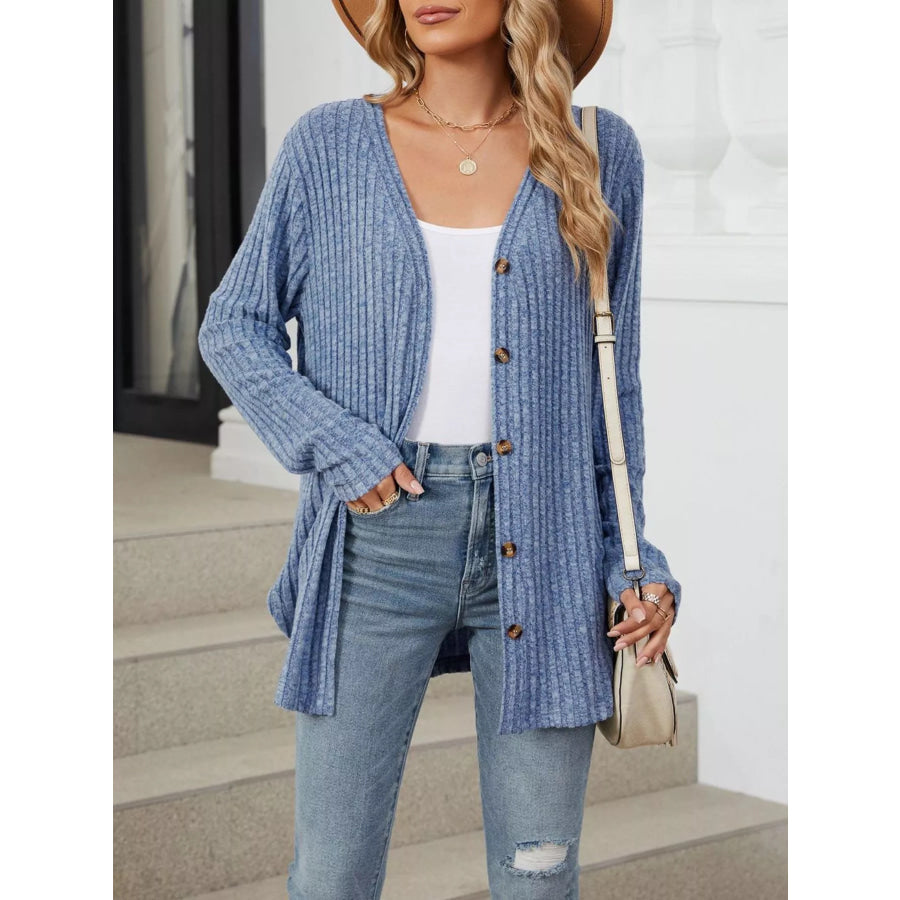 Ribbed Button-Up Cardigan Dusty Blue / S Apparel and Accessories