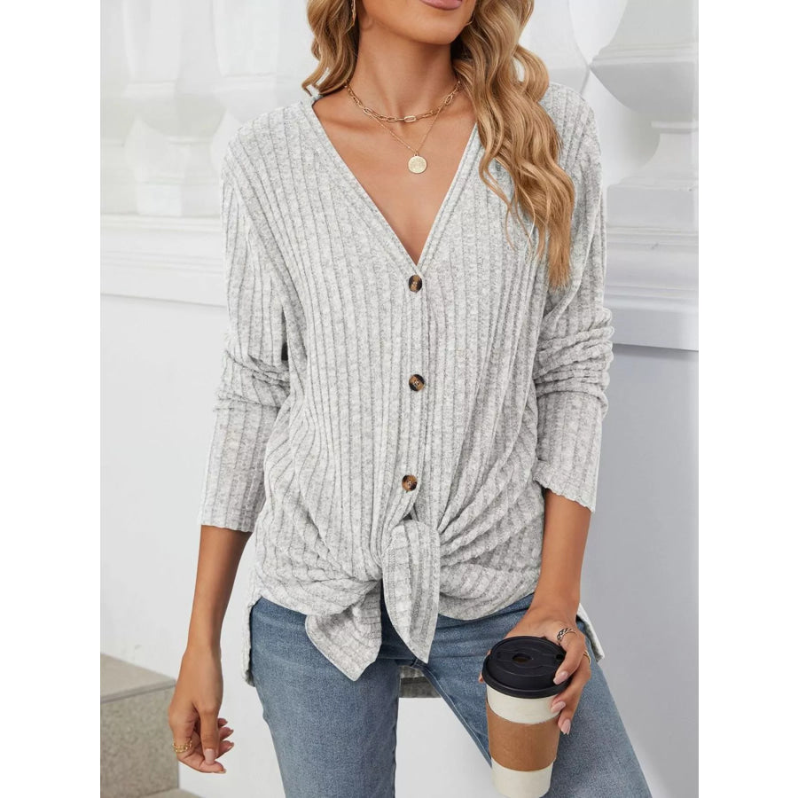 Ribbed Button-Up Cardigan Light Gray / S Apparel and Accessories
