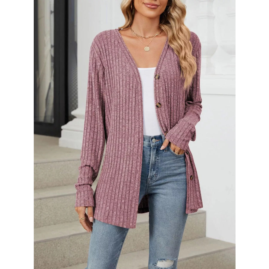 Ribbed Button-Up Cardigan Lilac / S Apparel and Accessories
