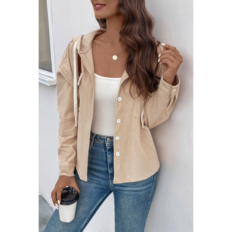 Ribbed Button Up Drawstring Hooded Jacket Clothing