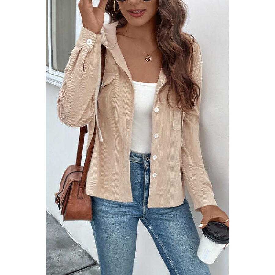 Ribbed Button Up Drawstring Hooded Jacket Clothing