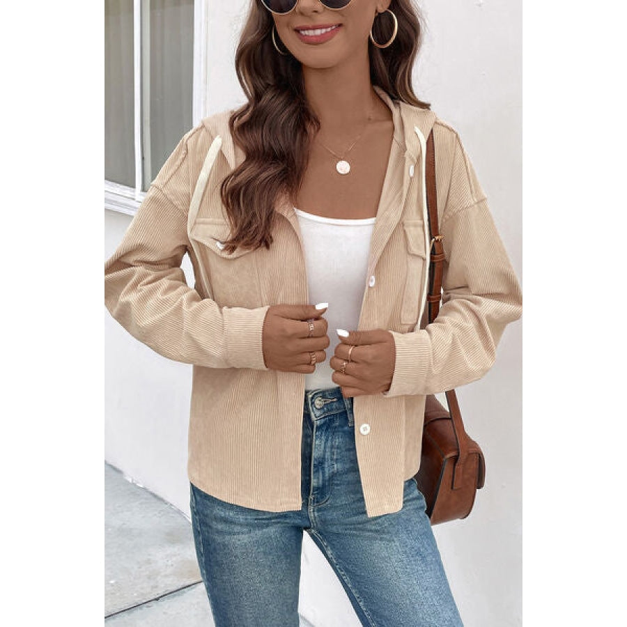 Ribbed Button Up Drawstring Hooded Jacket Sand / S Clothing