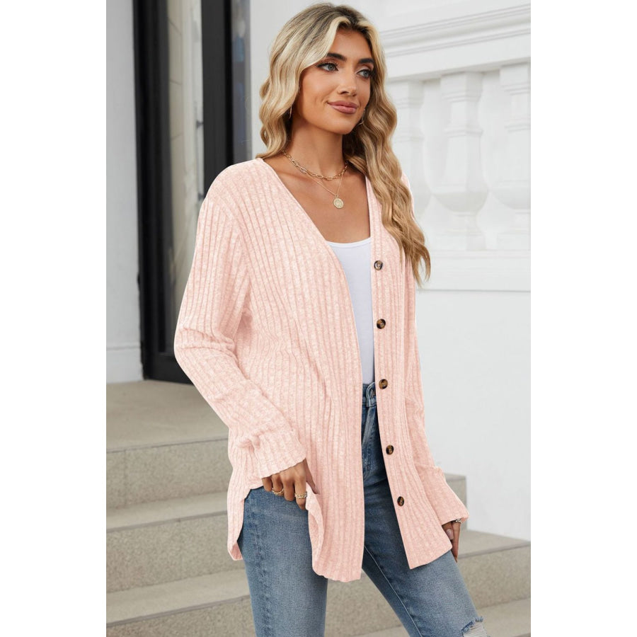 Ribbed Button Up Long Sleeve Cardigan Apparel and Accessories