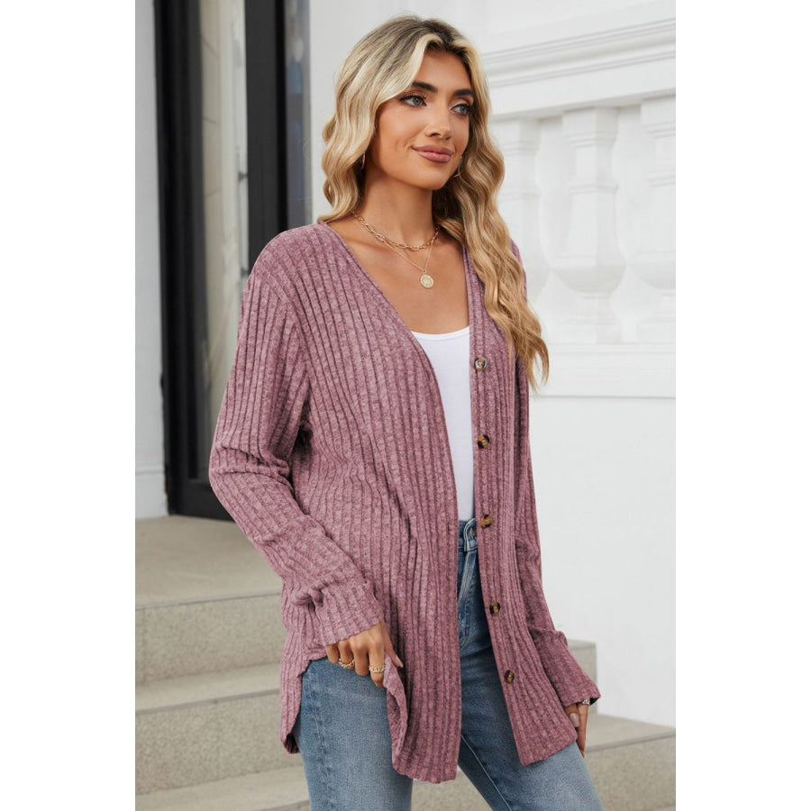 Ribbed Button Up Long Sleeve Cardigan Apparel and Accessories