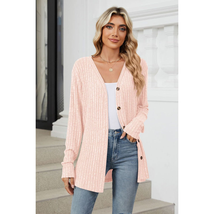 Ribbed Button Up Long Sleeve Cardigan Apparel and Accessories