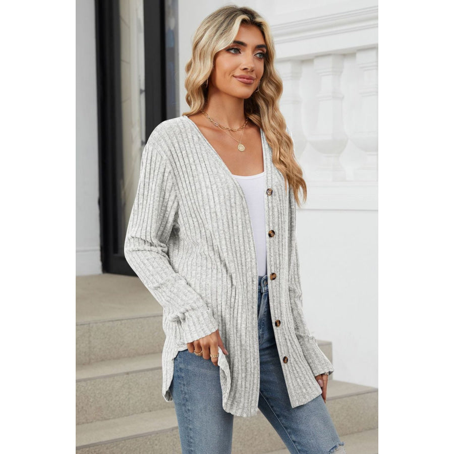 Ribbed Button Up Long Sleeve Cardigan Apparel and Accessories