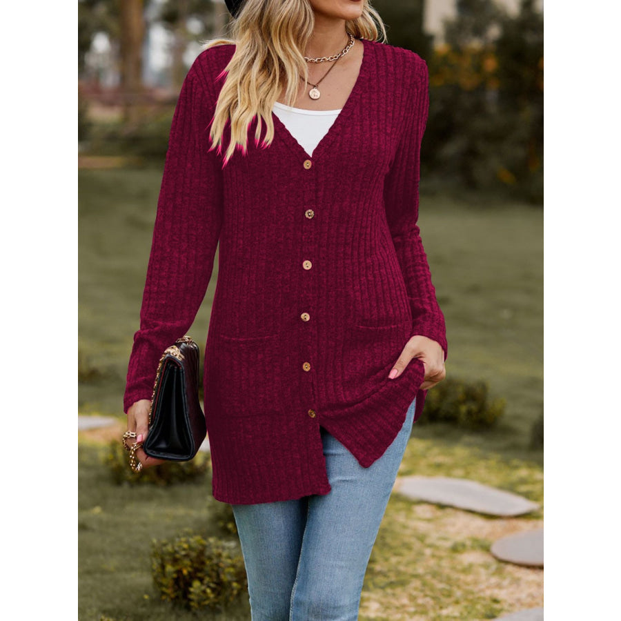 Ribbed Button Up Long Sleeve Cardigan Apparel and Accessories