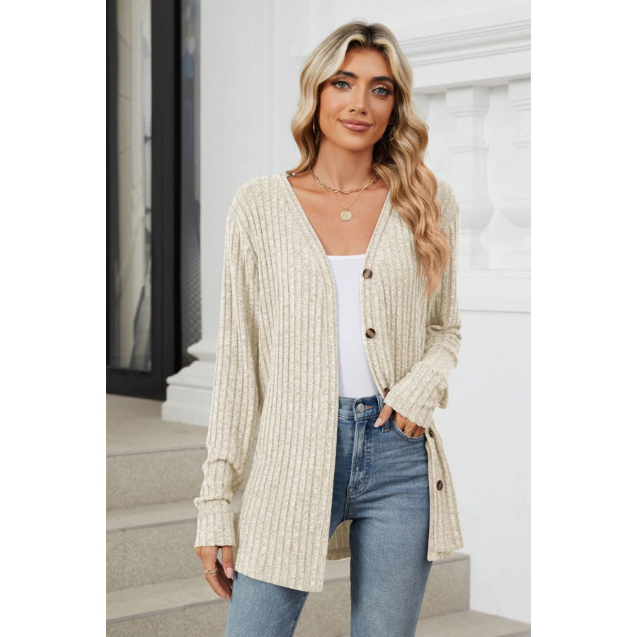 Ribbed Button Up Long Sleeve Cardigan Apparel and Accessories