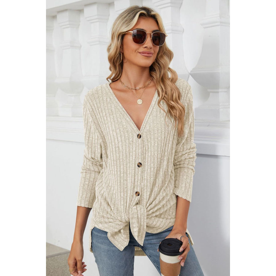 Ribbed Button Up Long Sleeve Cardigan Apparel and Accessories