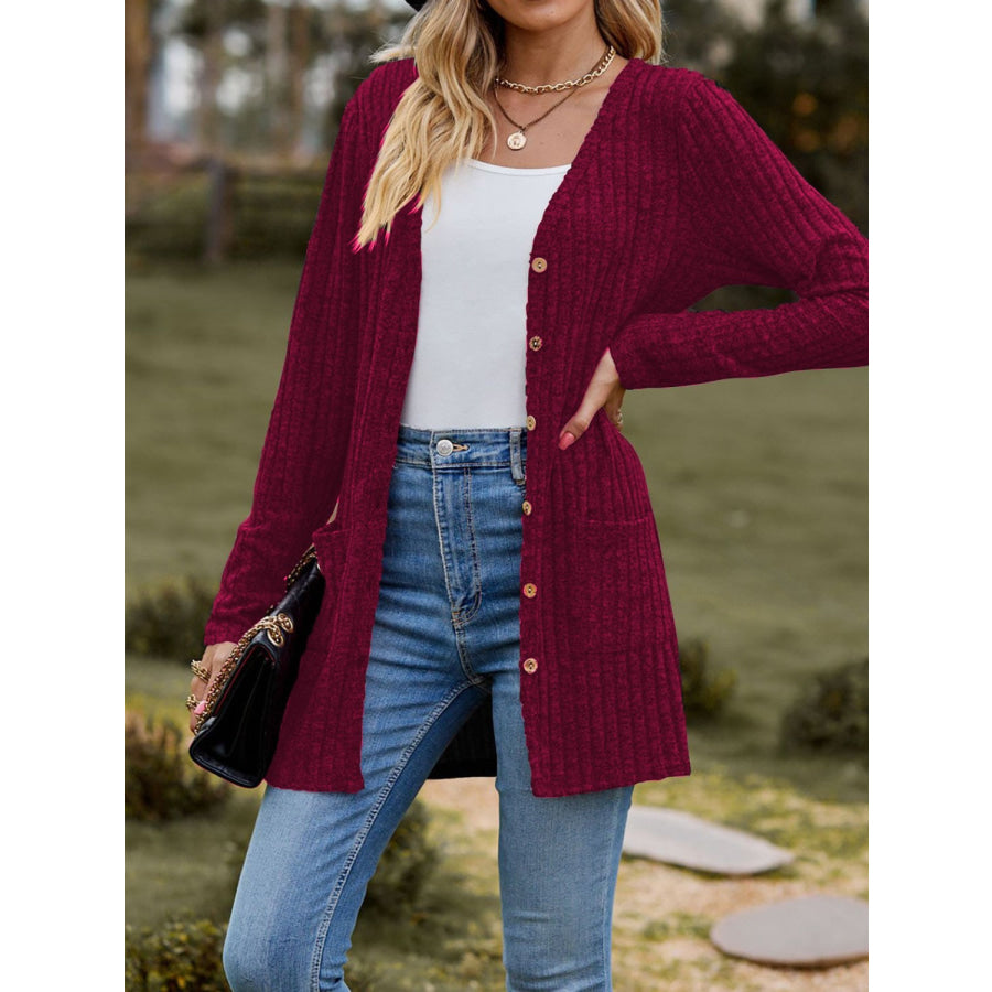 Ribbed Button Up Long Sleeve Cardigan Apparel and Accessories