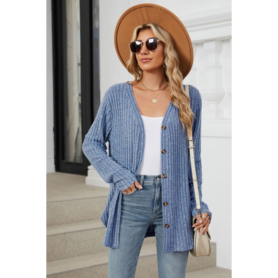 Ribbed Button Up Long Sleeve Cardigan Apparel and Accessories