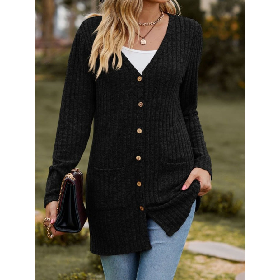 Ribbed Button Up Long Sleeve Cardigan Apparel and Accessories