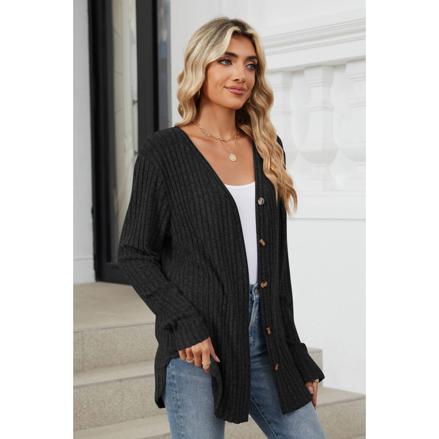 Ribbed Button Up Long Sleeve Cardigan Apparel and Accessories