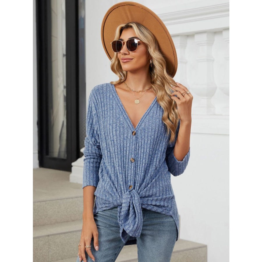 Ribbed Button Up Long Sleeve Cardigan Apparel and Accessories