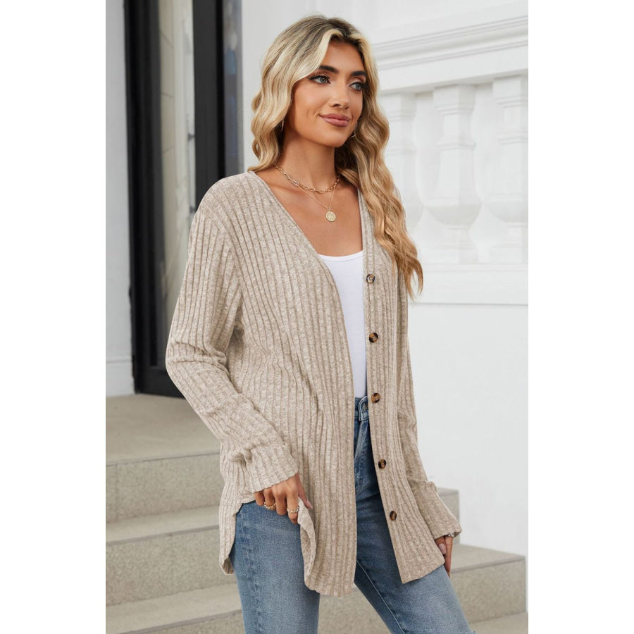 Ribbed Button Up Long Sleeve Cardigan Apparel and Accessories