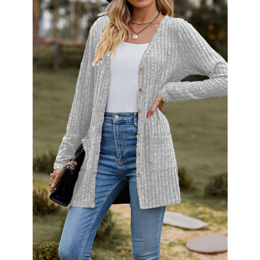 Ribbed Button Up Long Sleeve Cardigan Apparel and Accessories