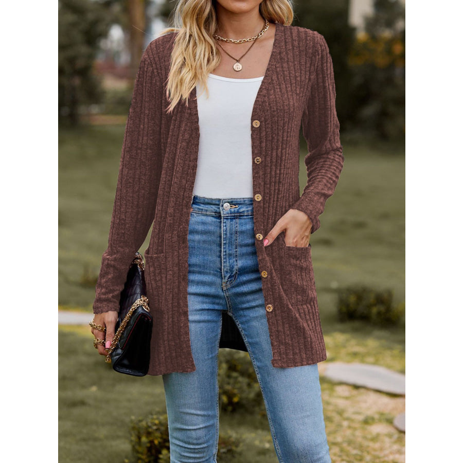 Ribbed Button Up Long Sleeve Cardigan Apparel and Accessories