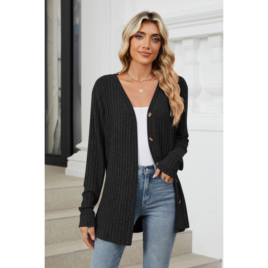 Ribbed Button Up Long Sleeve Cardigan Apparel and Accessories