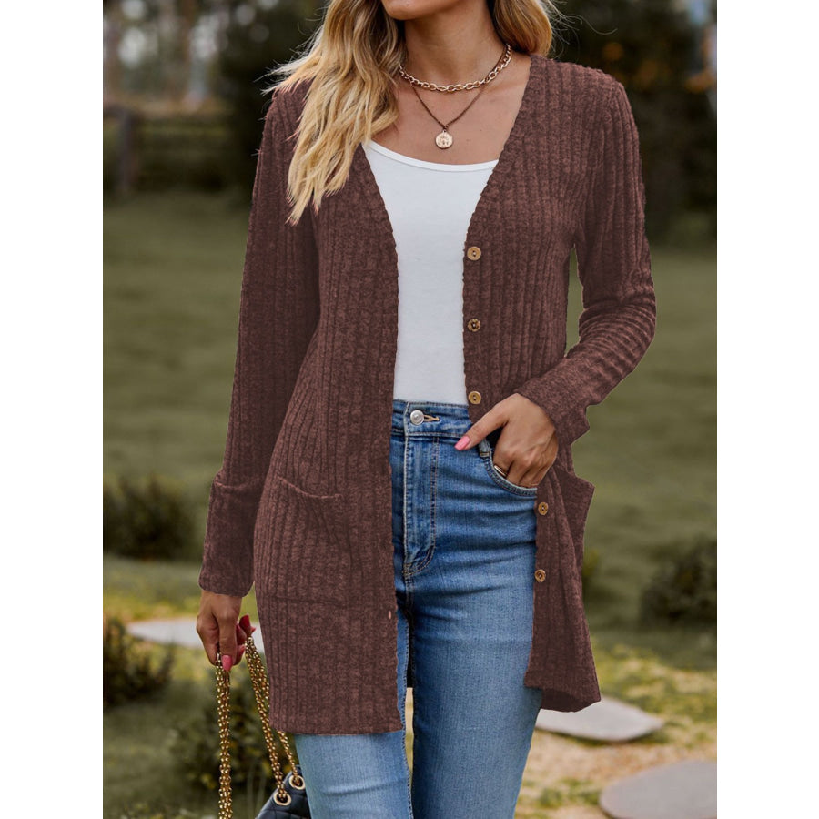 Ribbed Button Up Long Sleeve Cardigan Apparel and Accessories