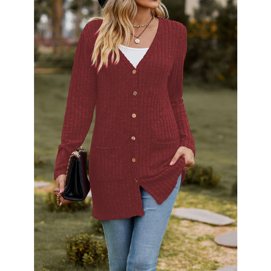 Ribbed Button Up Long Sleeve Cardigan Apparel and Accessories