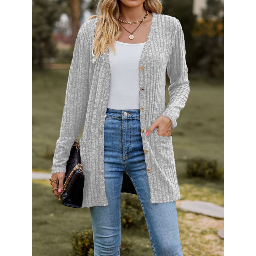 Ribbed Button Up Long Sleeve Cardigan Apparel and Accessories