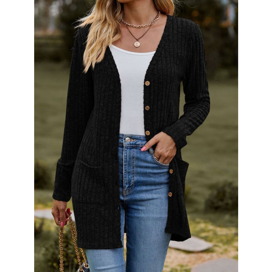 Ribbed Button Up Long Sleeve Cardigan Apparel and Accessories