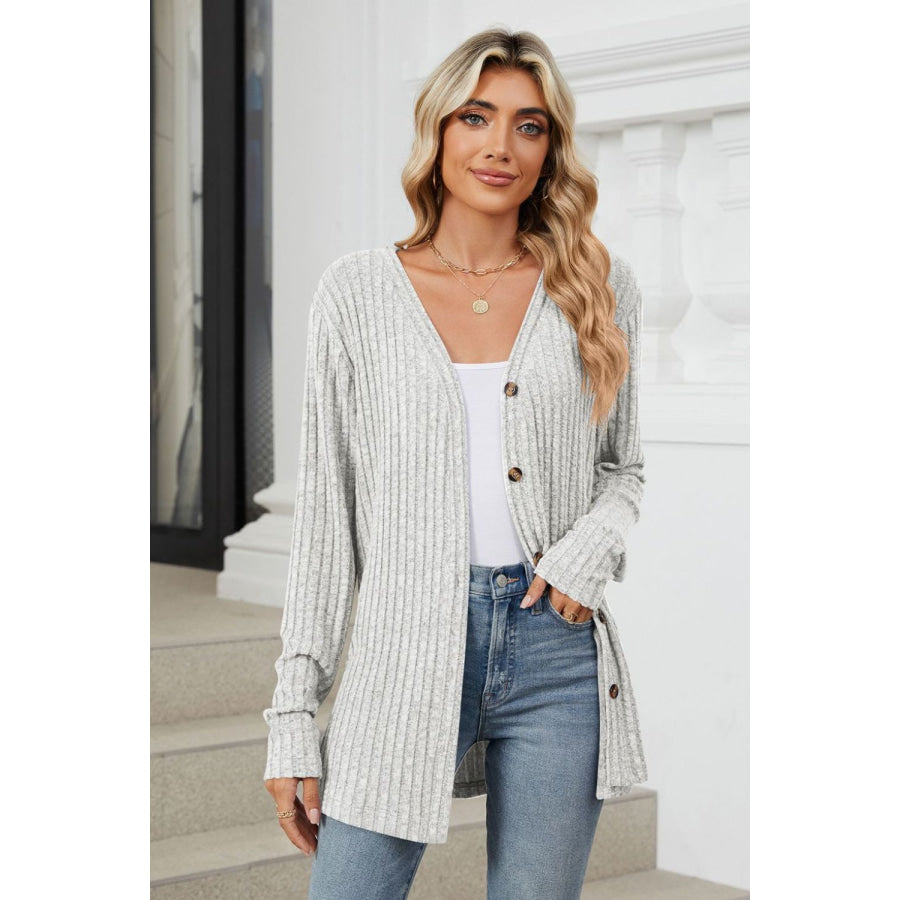 Ribbed Button Up Long Sleeve Cardigan Apparel and Accessories