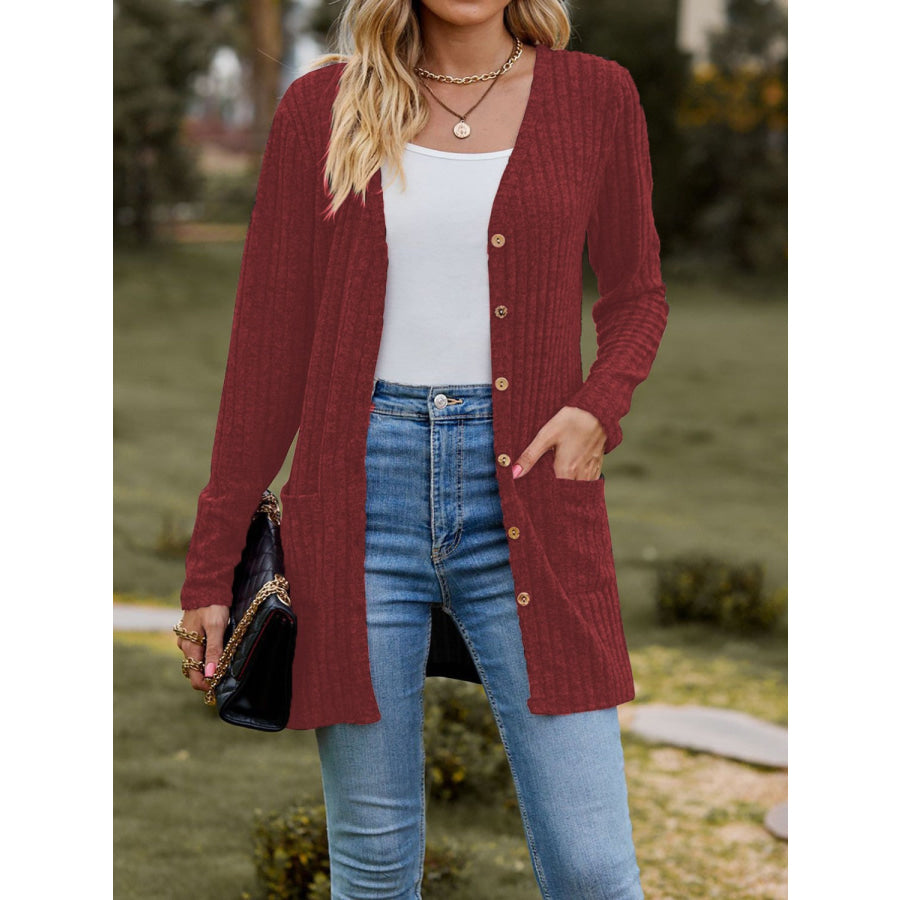 Ribbed Button Up Long Sleeve Cardigan Apparel and Accessories