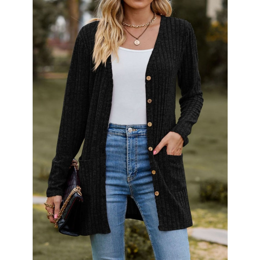 Ribbed Button Up Long Sleeve Cardigan Apparel and Accessories