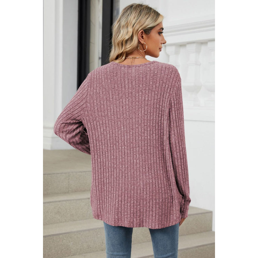 Ribbed Button Up Long Sleeve Cardigan Plum / S Apparel and Accessories