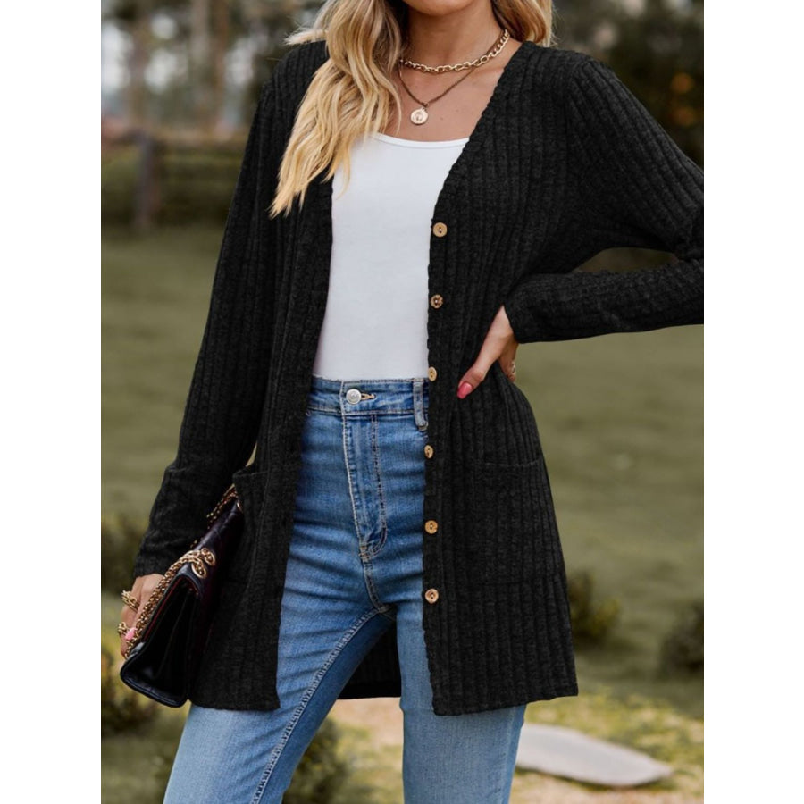 Ribbed Button Up Long Sleeve Cardigan Black / S Apparel and Accessories