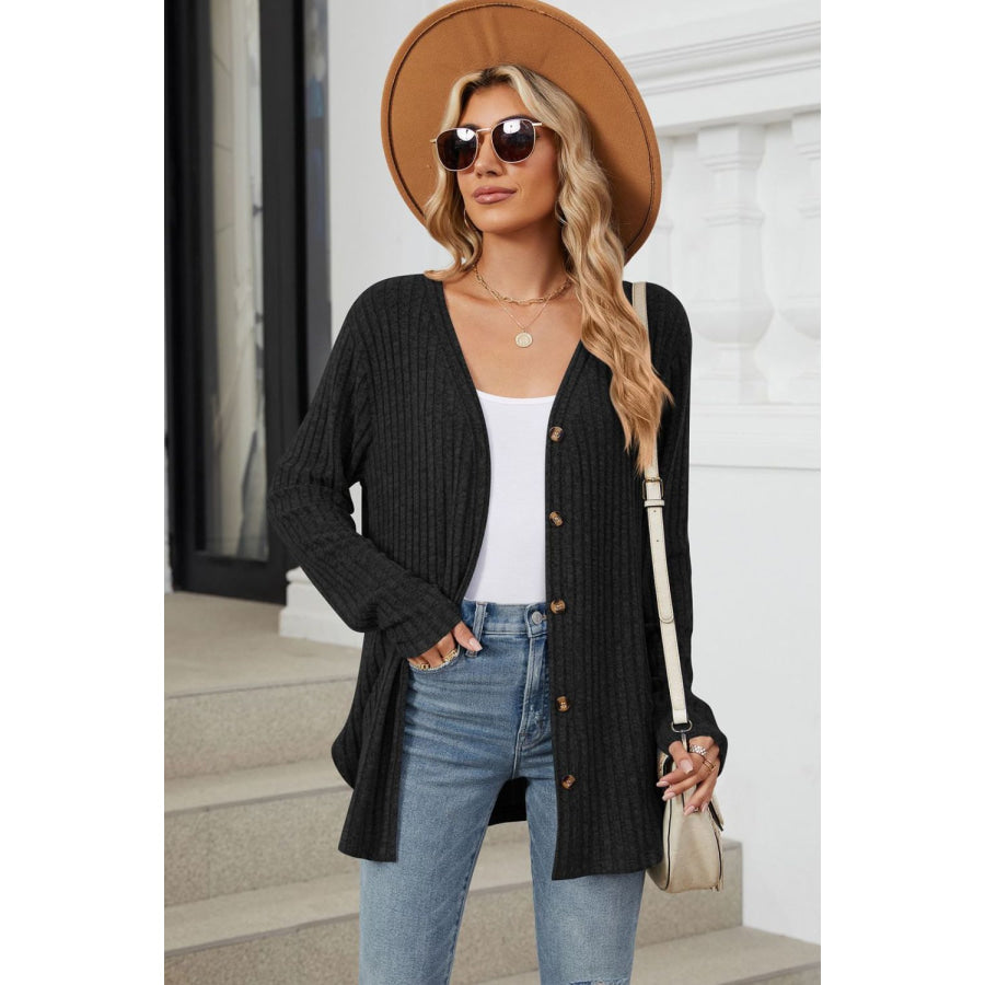 Ribbed Button Up Long Sleeve Cardigan Black / S Apparel and Accessories