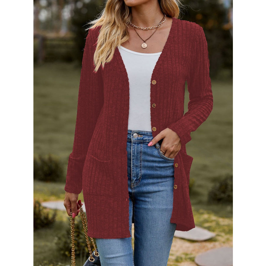 Ribbed Button Up Long Sleeve Cardigan Brick Red / S Apparel and Accessories