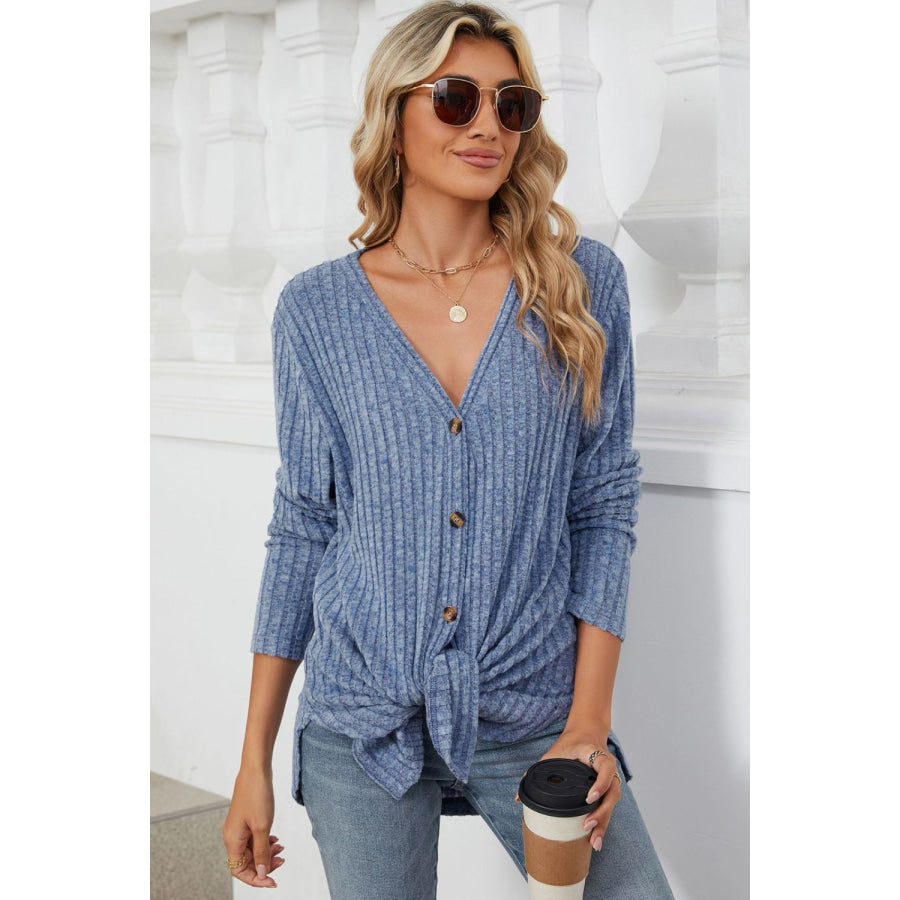 Ribbed Button Up Long Sleeve Cardigan French Blue / S Apparel and Accessories