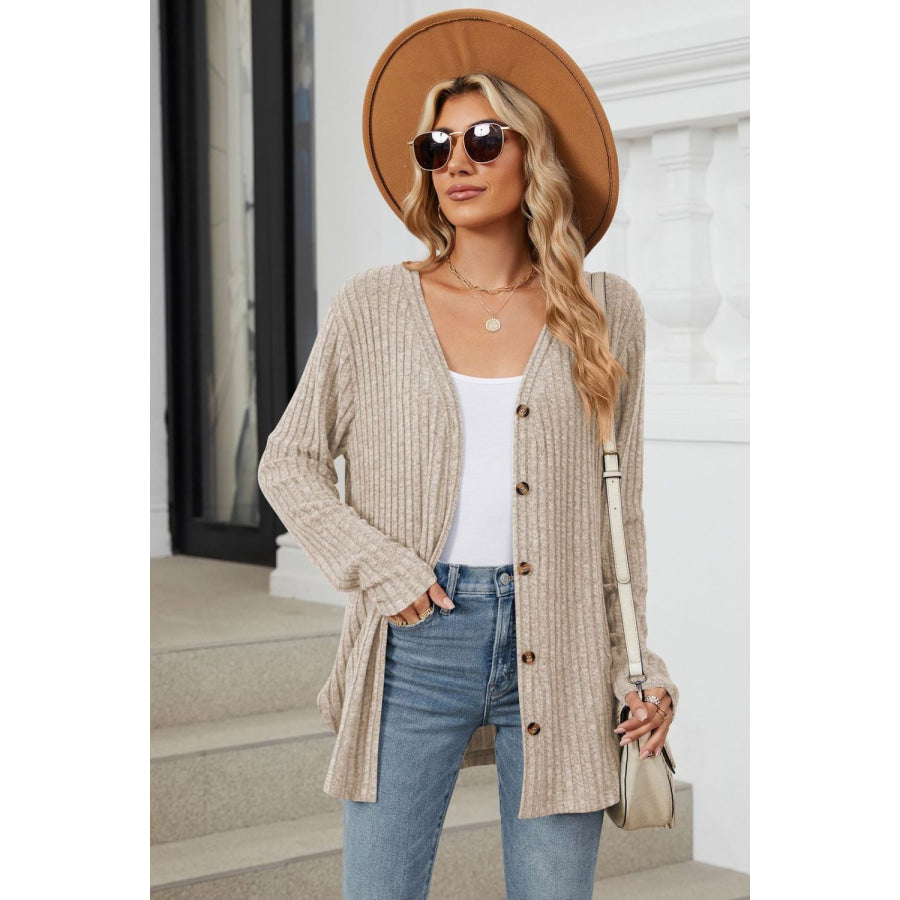 Ribbed Button Up Long Sleeve Cardigan Khaki / S Apparel and Accessories