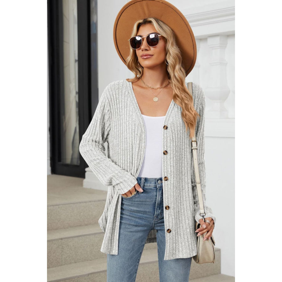 Ribbed Button Up Long Sleeve Cardigan Light Gray / S Apparel and Accessories