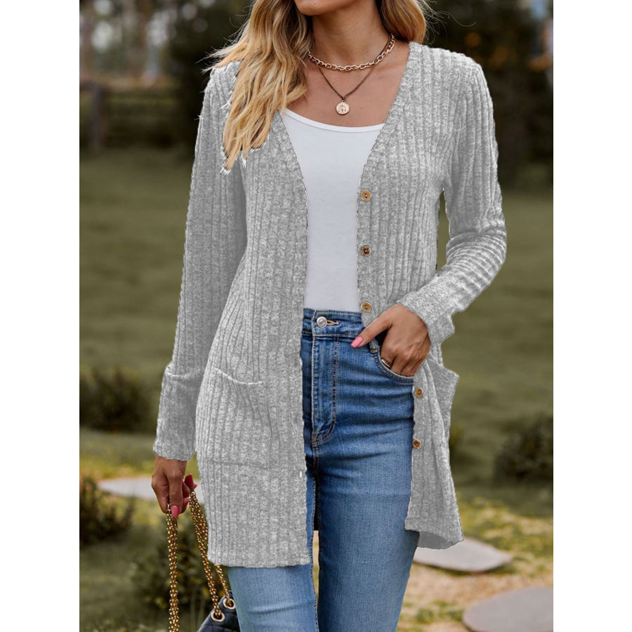 Ribbed Button Up Long Sleeve Cardigan Light Gray / S Apparel and Accessories