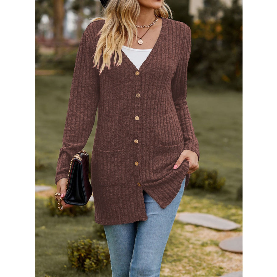 Ribbed Button Up Long Sleeve Cardigan Mocha / S Apparel and Accessories