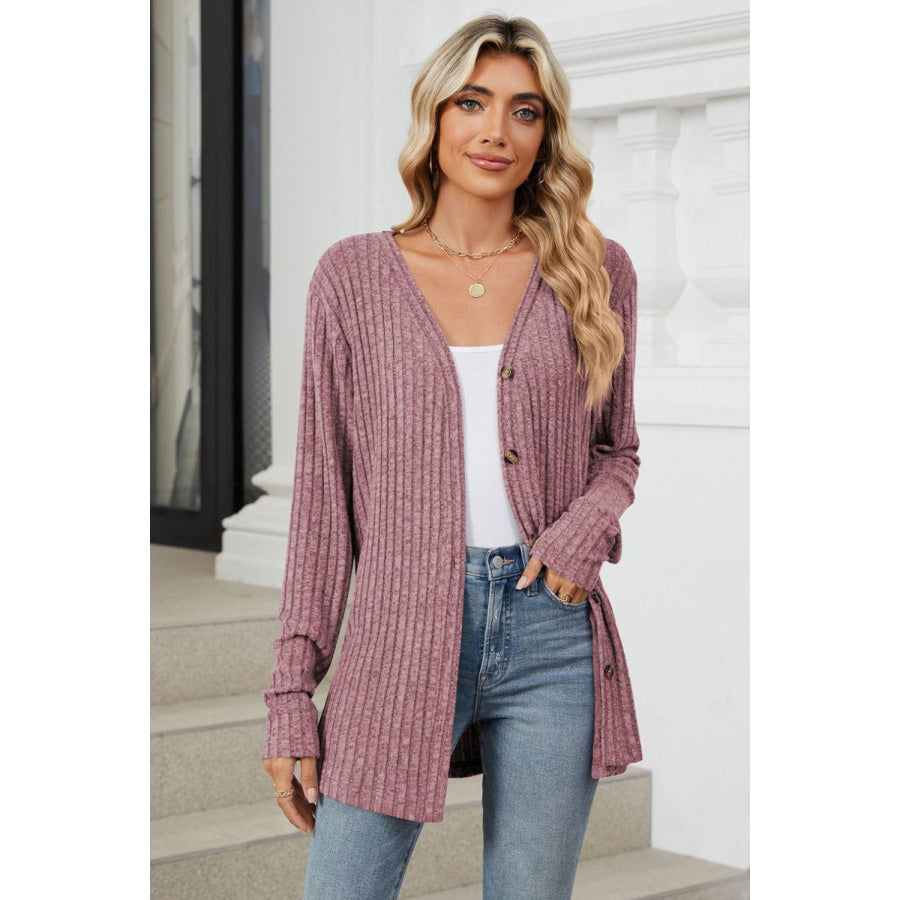 Ribbed Button Up Long Sleeve Cardigan Plum / S Apparel and Accessories