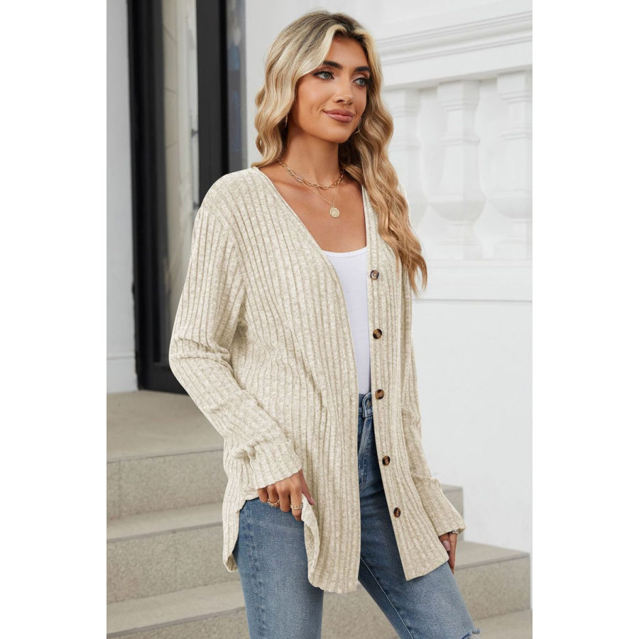 Ribbed Button Up Long Sleeve Cardigan Tan / S Apparel and Accessories