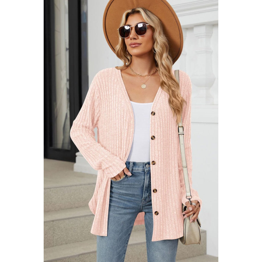 Ribbed Button Up Long Sleeve Cardigan Watermelon pink / S Apparel and Accessories