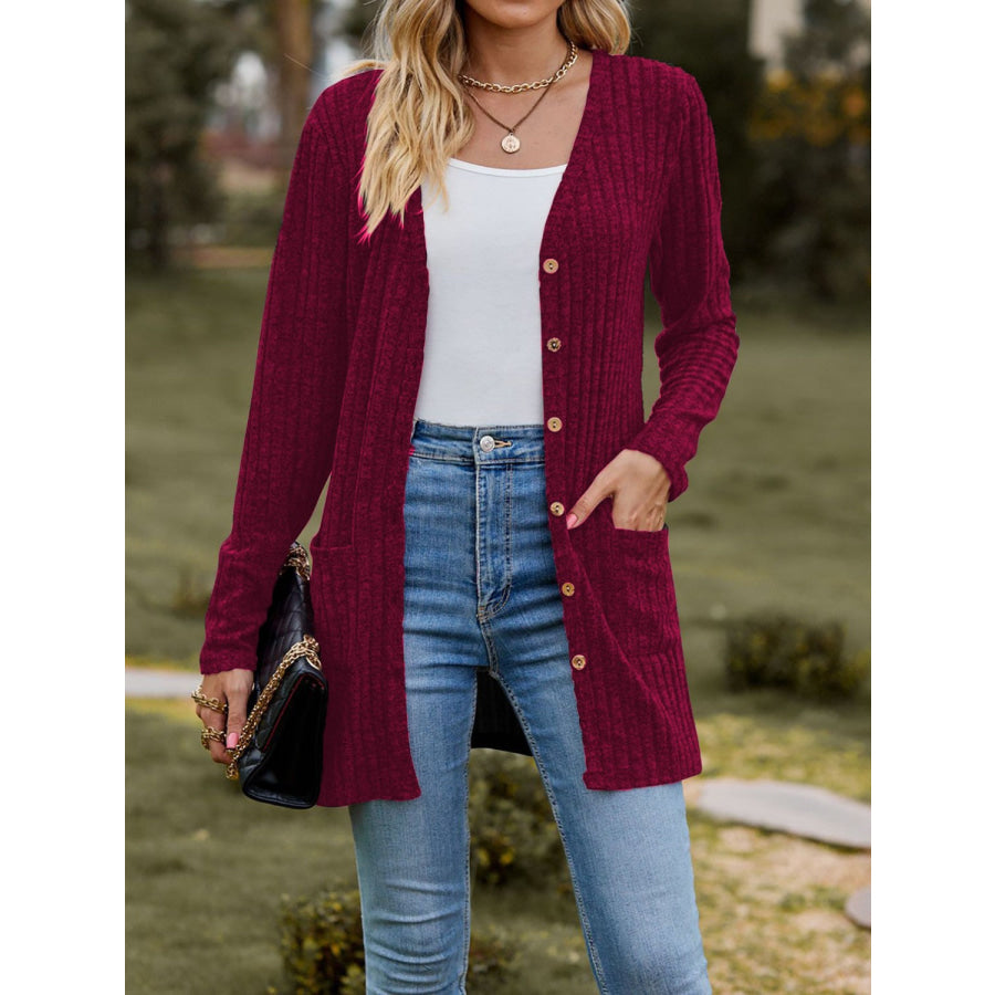 Ribbed Button Up Long Sleeve Cardigan Wine / S Apparel and Accessories