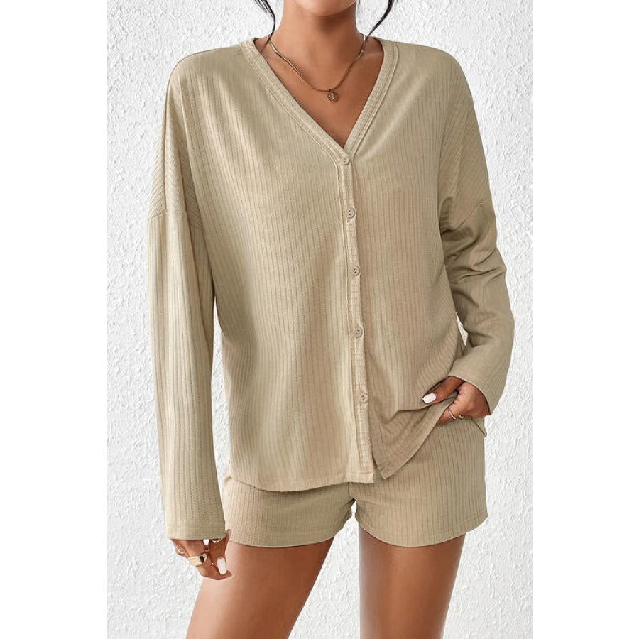 Ribbed Button-Up Top and Shorts Set Beige / S