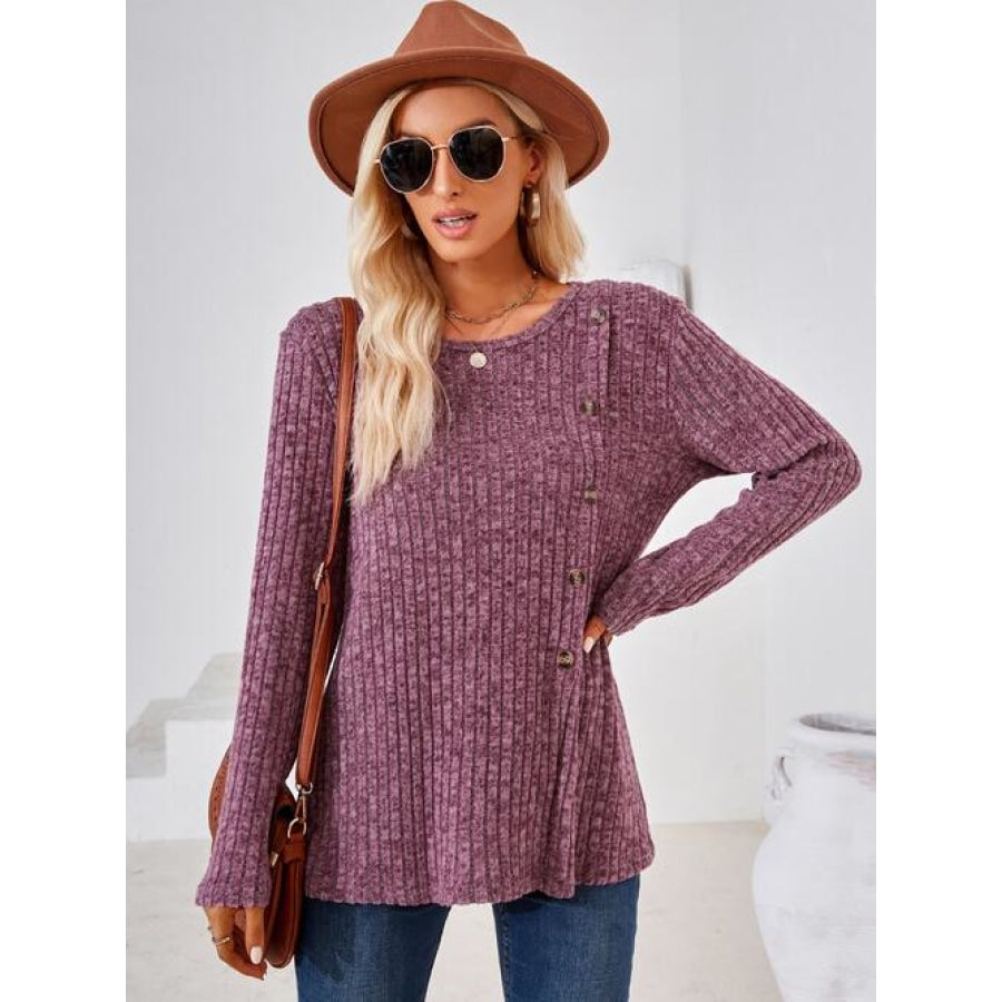 Ribbed Buttoned Round Neck Slit T-Shirt