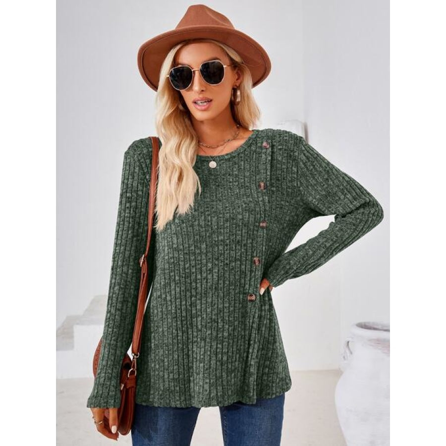 Ribbed Buttoned Round Neck Slit T-Shirt